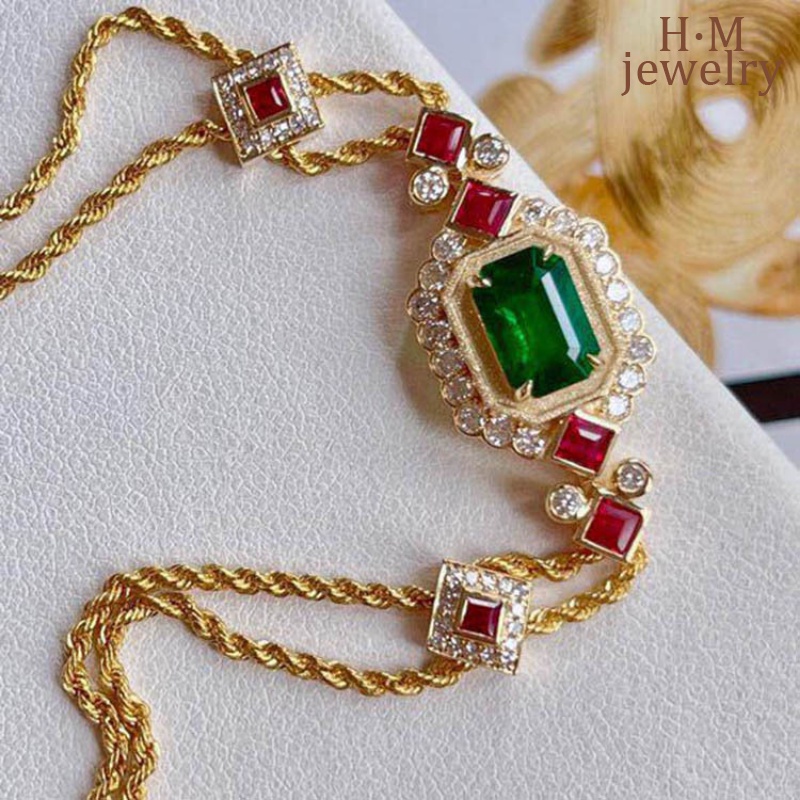 Gelang Tangan Rantai Lapis Ganda Aksen Batu Ruby Emerald Untuk Wanita