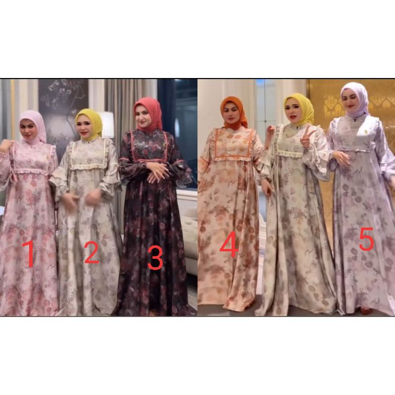 Gamis Silk Bunga Shellasaukia Rempel Dada dan Lengan