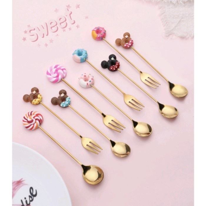 BISA COD - Cafe Sendok Garpu Lucu Dessert Kecil Karakter Korea Gold Tea Spoon .
