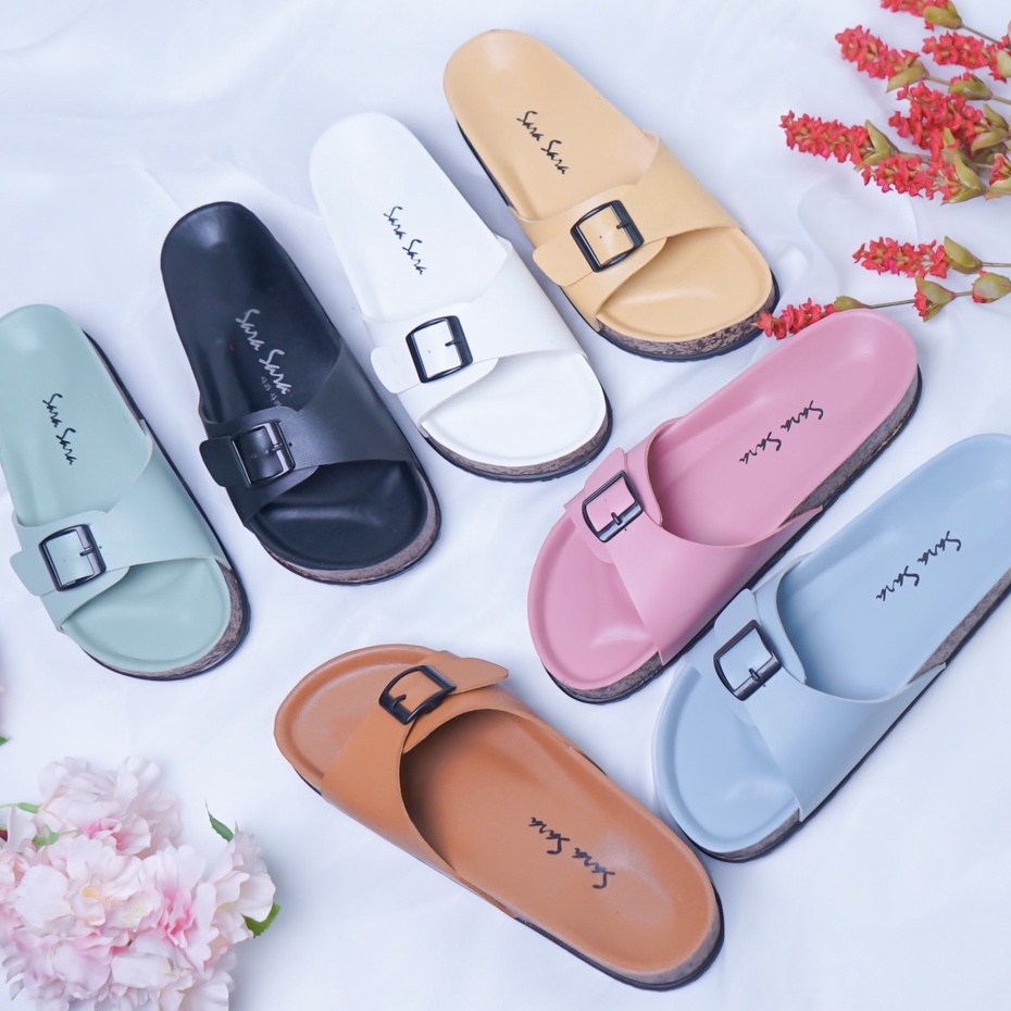 SARASARA YUK - Sandal Wanita Casual Model Slop Birken Sol Puyuh SARA SARA BILLY Sendal Cewek Sol Kulit Santai Singgle Strap Rumah Gesper Empuk Ringan Size 36 37 38 39 40 Warna Green Hijau Sage Selop Anti Slip Original Terbaru Shoes ORI Mall Official Store