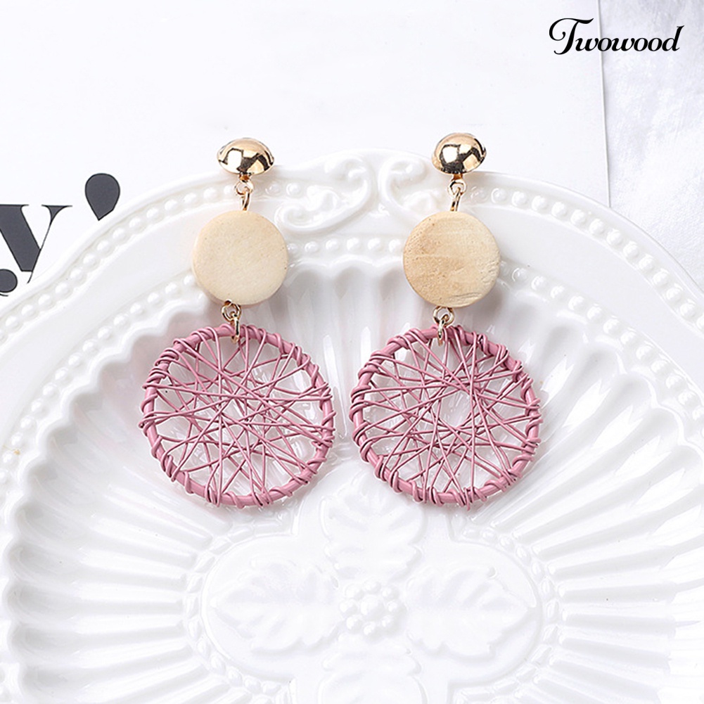 Anting Stud Bentuk Bulat Bahan Kayu Gaya Vintage Untuk Wanita