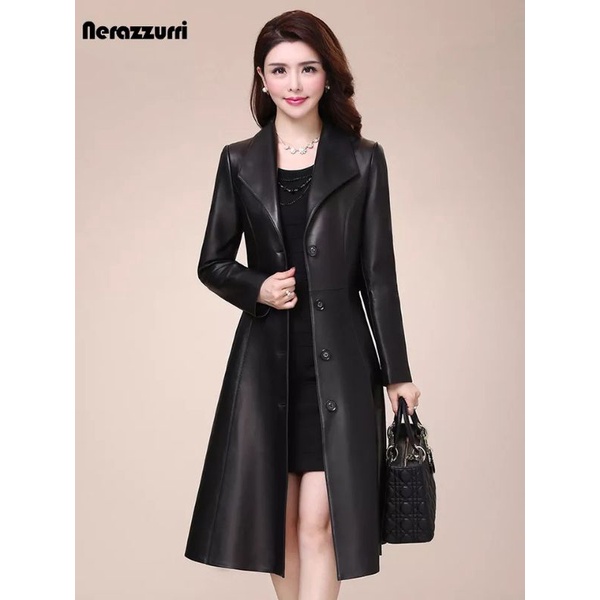 Jaket kulit mantel wanita panjang vintage