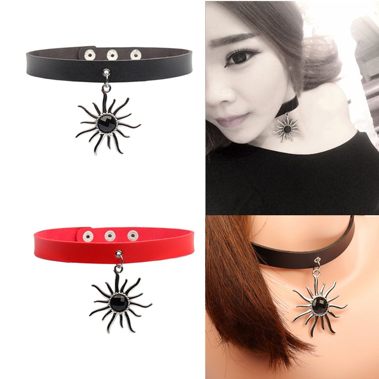 Kalung Choker Bahan Kulit Dengan Liontin Matahari Geometris Gaya Harajuku Punk Gothic Untuk Wanita