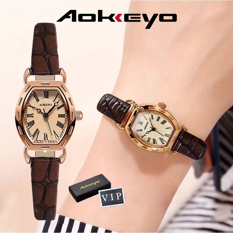 AOKEYO S053 Jam Tangan Wanita Klasik Mode Display Kuarsa  Santai Jam Tali Kulit Tahan Air  Jam Tangan Cewek (Free BOX+Kartu Garansi)-4