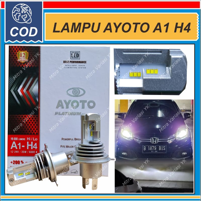 LAMPU LED UTAMA MOBIL AYOTO A1 H4 ORIGINAL SINAR PUTIH 70 WATT / SEPASANG : AVANZA XENIA ACCORD CITY