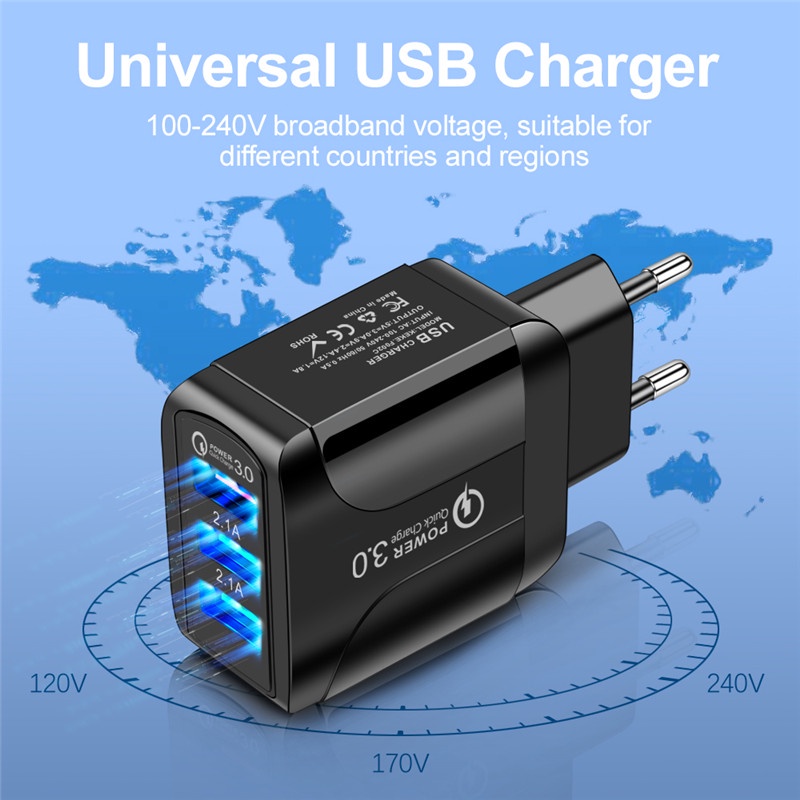 Adapter Charger 3 Port USB QC3.0 Plug EU US UK Untuk Iphone 14 13 12 Android