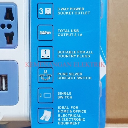 PHILMAX STOP KONTAK 3 LUBANG + 2 USB PORT 2.1A + SWITCH / SAKLAR / COLOKAN LISTRIK 3 LOBANG + 2 USB CHARGER 2,1A KABEL 1.8M 1,8METER