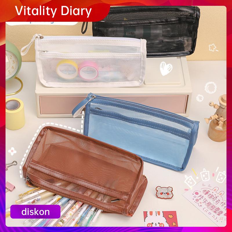 

【COD❤️】Sederhana dua ritsleting kotak pensil Mesh dua lapisan besar - kantong alat tulis besar VDY