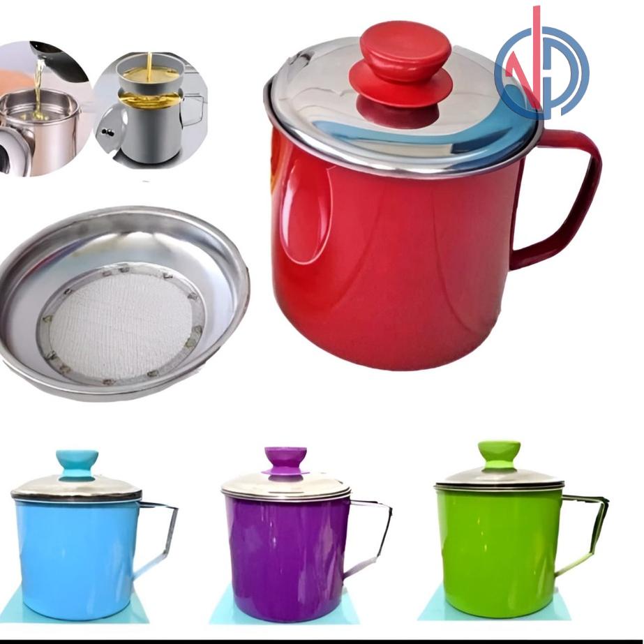 Rekomendasi OIL POT WARNA OILPOT WARNA STAINLESS 1.3L PENYARING SARINGAN MINYAK WADAH TEMPAT MINYAK 