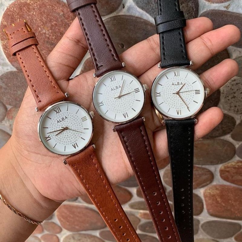 Jam Tangan Alba Wanita Tali Kulit Terbaru Ready Stok ☑️  JAM Tangan Cewek Water Resistant Free Batrai Cadangan | JAM Tangan Kasual Analog Quart Strap Kulit Fashion Wanita | Jam Tangan Fashion Cewek