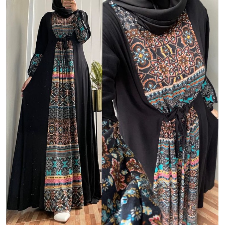 Gamis kombinasi etnik / gamis rayon kombinasi / gamis terbaru