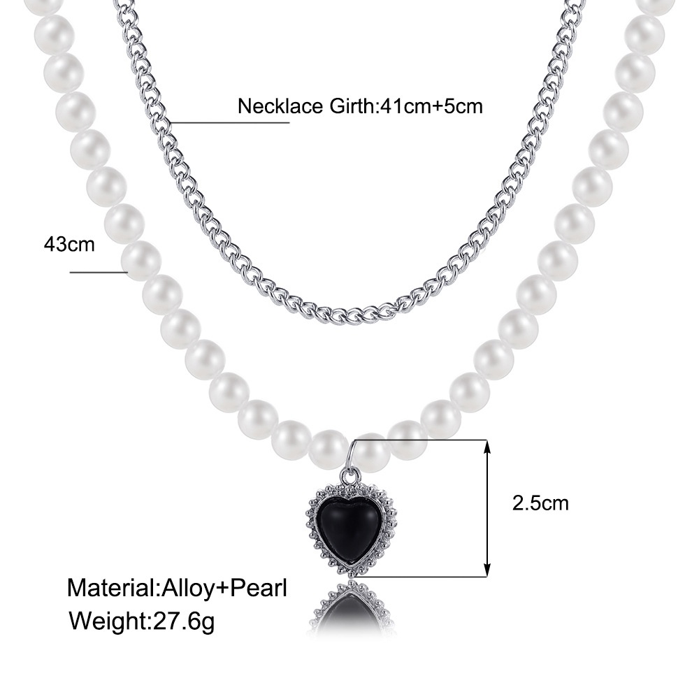 Kalung Rantai Klavikula Tebal Hias Mutiara Hati Warna Hitam Gaya Punk Untuk Wanita