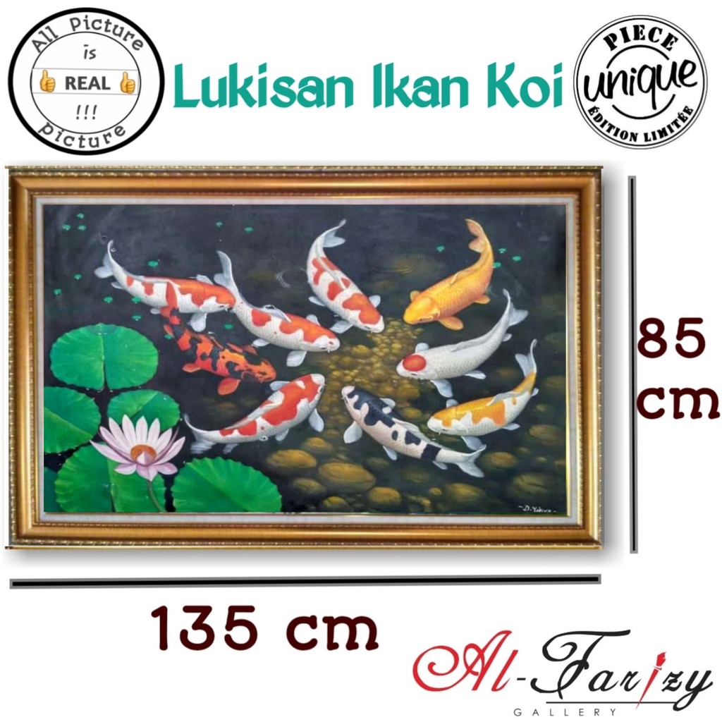 Lukisan Ikan Koi Fengshui 9 Ekor 3D Unik Minimalis Kanvas Lengkap dengan frem Ukuran 135x85 cm