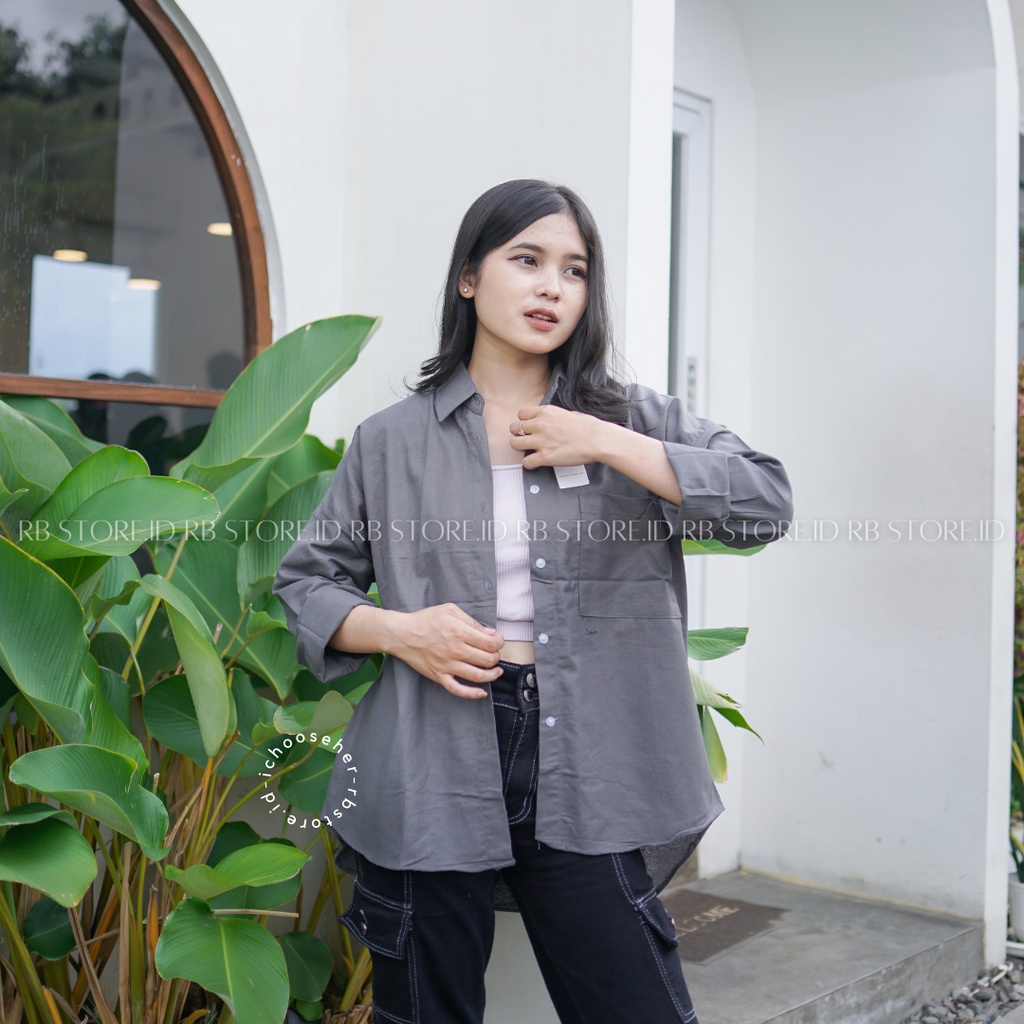 Kemeja Wanita Linen Oversize Olivia Shirt Linen Pocket-OLIVIA DARK GREY
