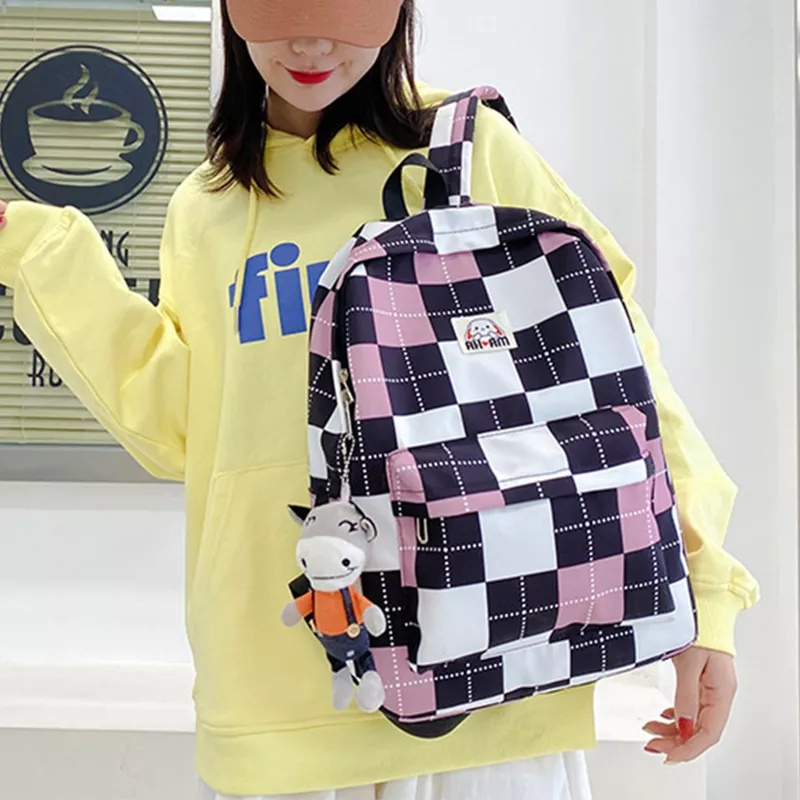 Tas Ransel Backpack Wanita / Tas Ransel Sekolah Anak SD SMP SMU  / Tas Ransel Model Korea Motif kotak-Kotak Aesthetic Lagi Promo