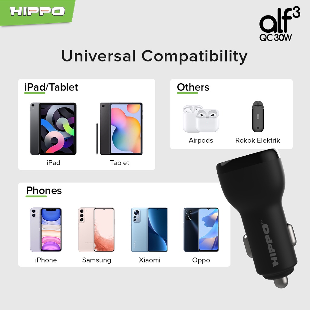 Hippo Car Charger ALF 3 QC 30W QC Fast Quick Charging 3.0 Casan Colokan Mobil Type C Android Iphone Micro Lightning Dual Port USB A USB C