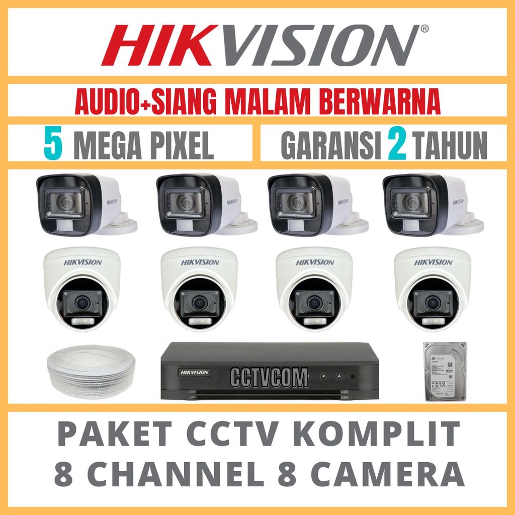 PAKET CCTV HIKVISION COLORVU 5MP 8 CHANNEL 8 CAMERA TURBO HD COLORFULL