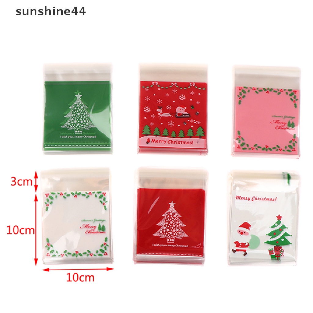 Sunshine 100Pcs 10X10Cm Kantong Plastik Permen / Kue Natal Dengan Perekat