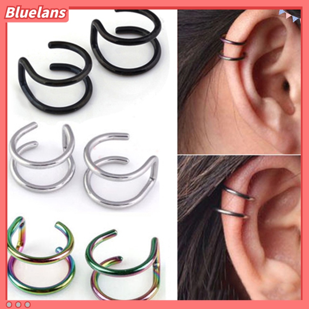 Anting Klip Tulang Rawan Palsu 2 Baris Bahan Stainless Steel