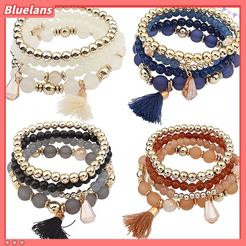 4pcs / Set Gelang Manik-Manik Resin Multilayer Aksen Rumbai Gaya Etnik Untuk Wanita