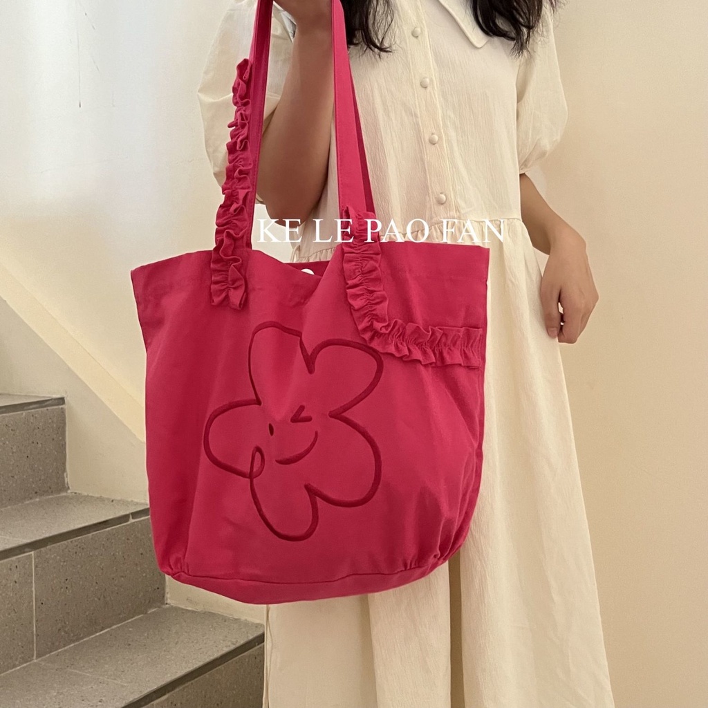 ❃Jepang Hantu Kuda Gadis Floret Wink Bordir Tas Kanvas In Niche Lipit Desain Tas Bahu Kapasitas Besar