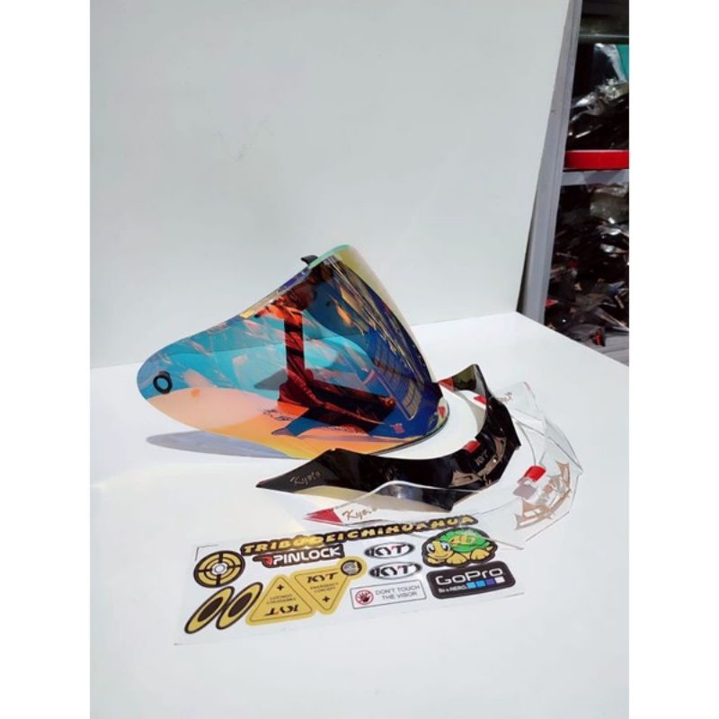 Paket Flat Visor Helm KYT Kyoto iridium silver / iridium blue + spoiler  + sticker visor