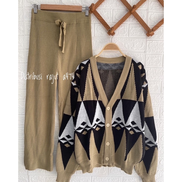 ONESET CARDIGAN RAJUT ARGYLE SETELAN KULOT DAN ROK RAJUT PREMIUM