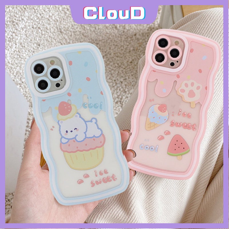 Case Es Krim Strawberry Samsung A14 A04s A13 A52 A51 A03 A53 A20s A22 A12 A50 A23 A33 A20 A32 A30 A03s A50s A11 A31 A21s A30 A52s A02s Kartun Beruang Lucu Lembut Bergelombang Penutup Tepi