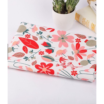 KAIN KATUN LINEN MOTIF BUNGA DAN DAUN MERAH