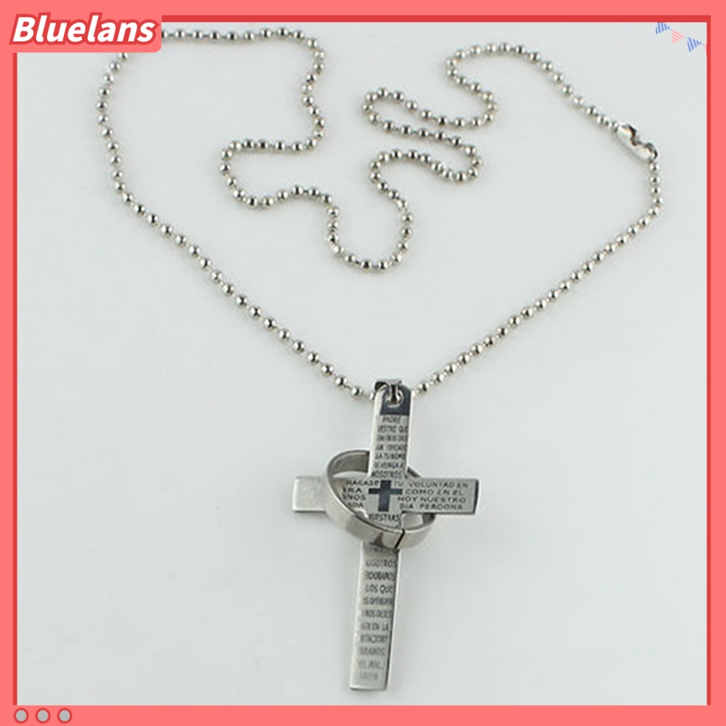 Bluelans Men Stainless Steel Prayer Cross Ring Pendant Ball Chain Punk Necklace Jewelry