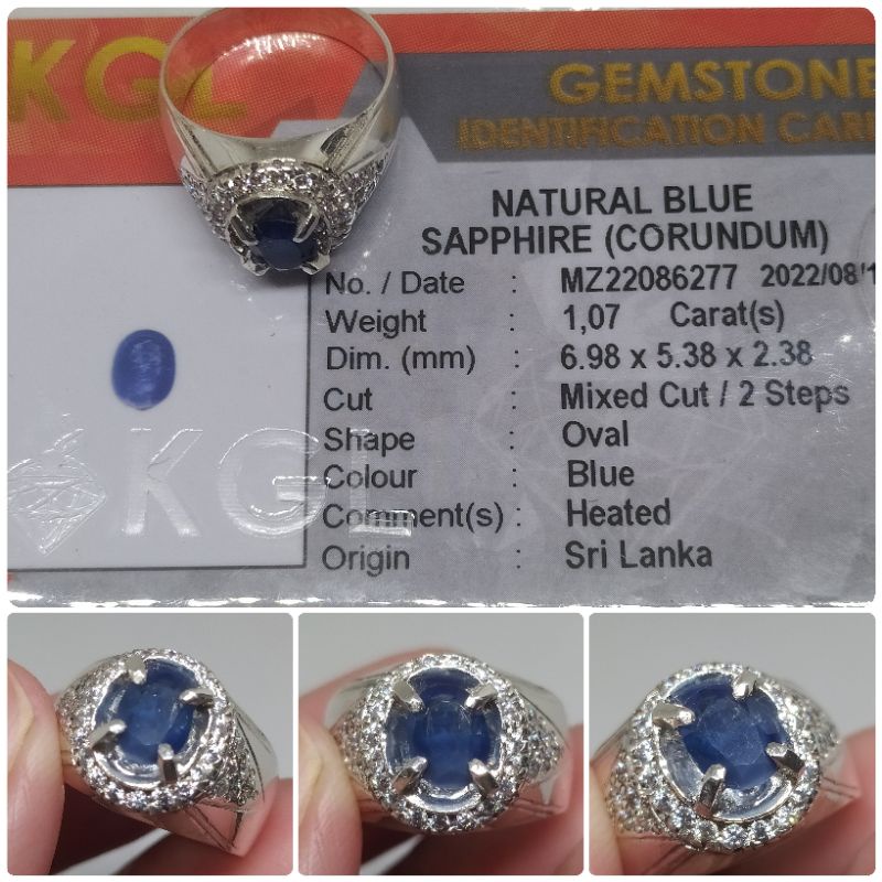 Natural Blue sapphire Ceylon 1 ct memo KGL Safir Srilanka Ring Perak