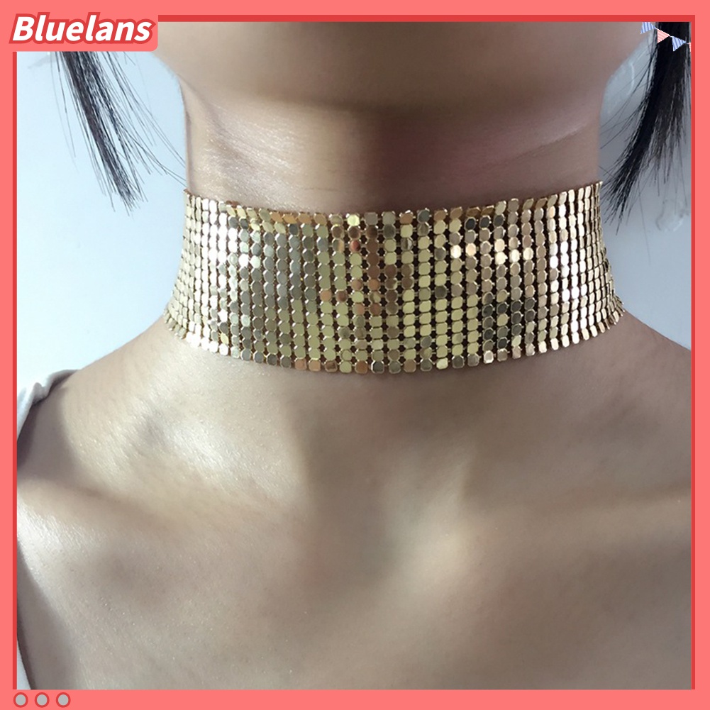 Bluelans Kalung Choker Sequin Mesh Lebar Gaya Punk Untuk Wanita