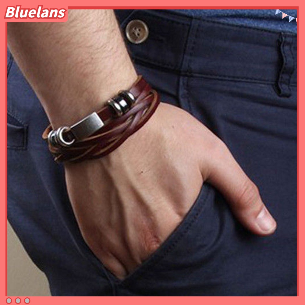 Bluelans Gelang Bangle Multilayer Bahan Kulit Imitasi Gaya Vintage Untuk Pria Dan Wanita