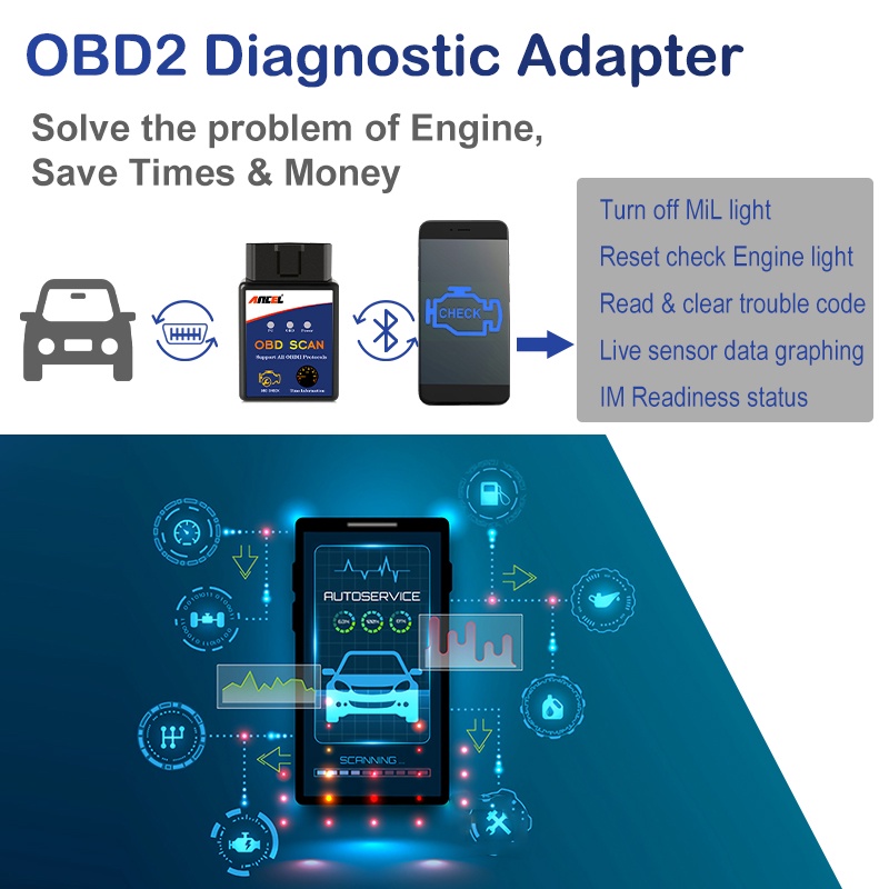 ANCEL ELM327 V1.5 Bluetooth Mobil Scanner Obd2 Alat Scanner Mobil Obd2 Scanner Car Scanner Obd2 Guage Odb2 Car Diagnostic Tool Obd Car Diagnostic Scanner Automotive Scanner  Check Engine For Universal Cars And Motorcycles HUD Display