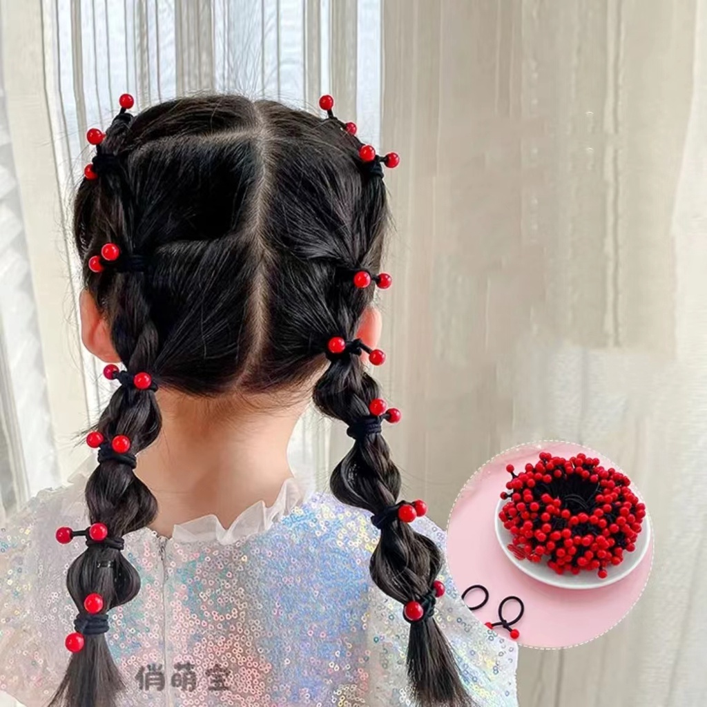 Ikat Rambut Karet Hitam Wanita Polos Aksen Bola Merah - Ikat Rambut Simple Import