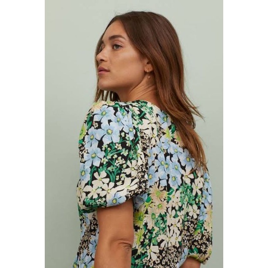 ICENEM GREEN FLORAL PUFF SLEEVE BLOUSE