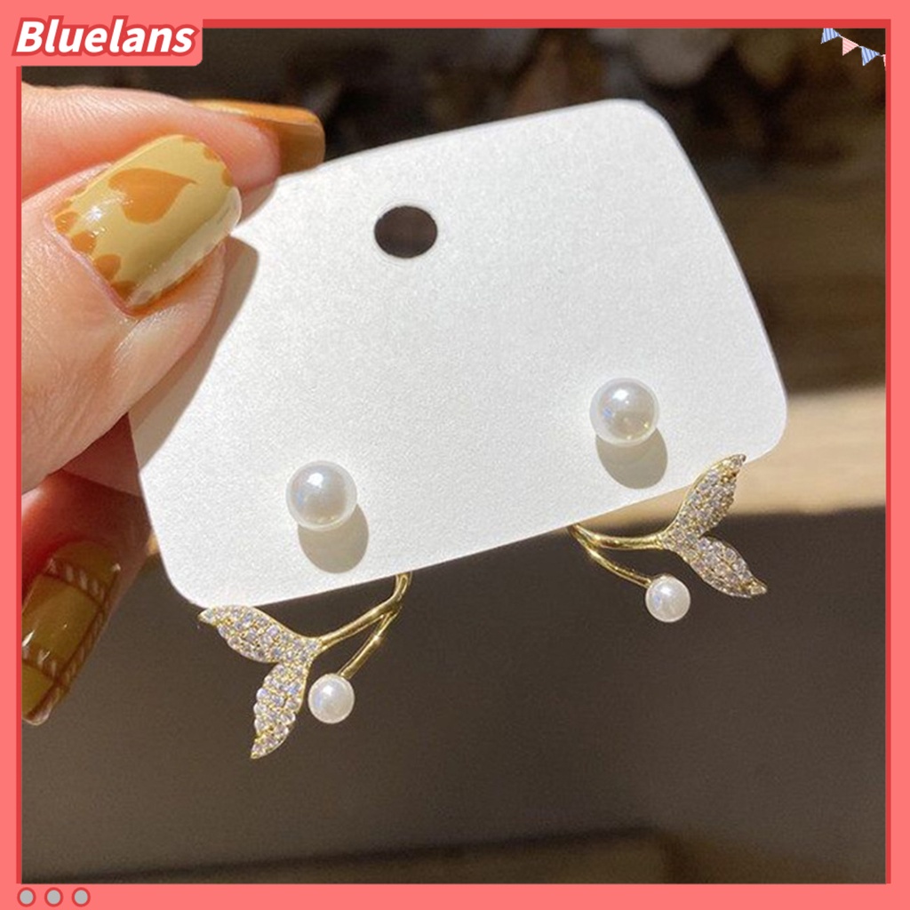 Bluelans 1 Pasang Anting Stud Desain Ekor Ikan Aksen Mutiara Tiruan Tahan Lama Untuk Harian