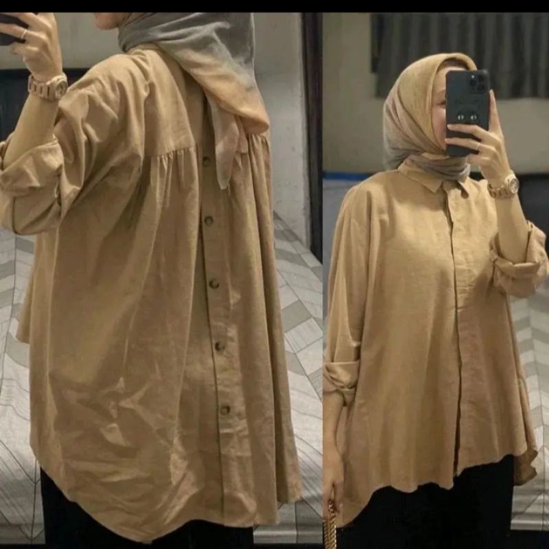 Kemeja Crop Linen Crinkcle Oversize Atasan Basic Shirt Korean Style Lengan panjang Blouse Kancing Depan Belakang