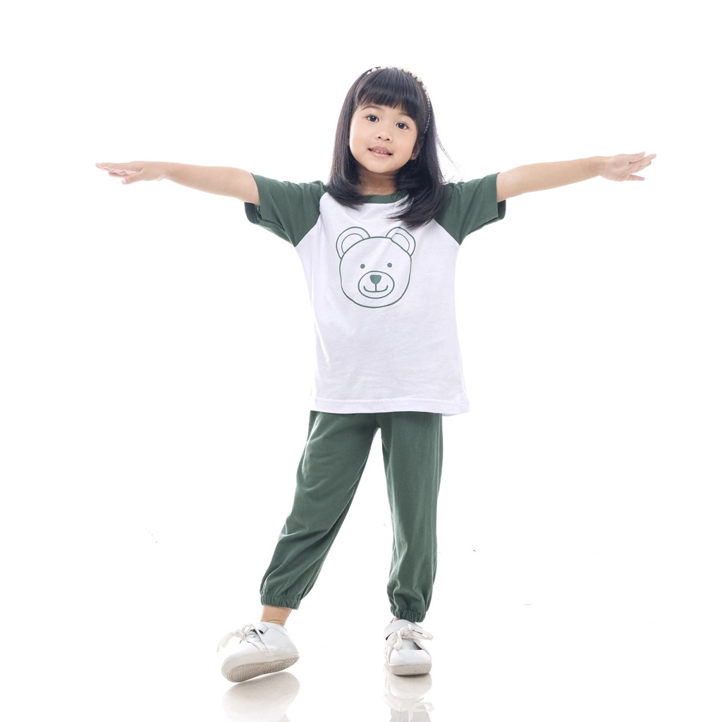 Setelan Kaos Playset Anak Setelan Joger Couple Baju Tidur Piyama Anak Raglan Unisex Celana Panjang Hijau Bear