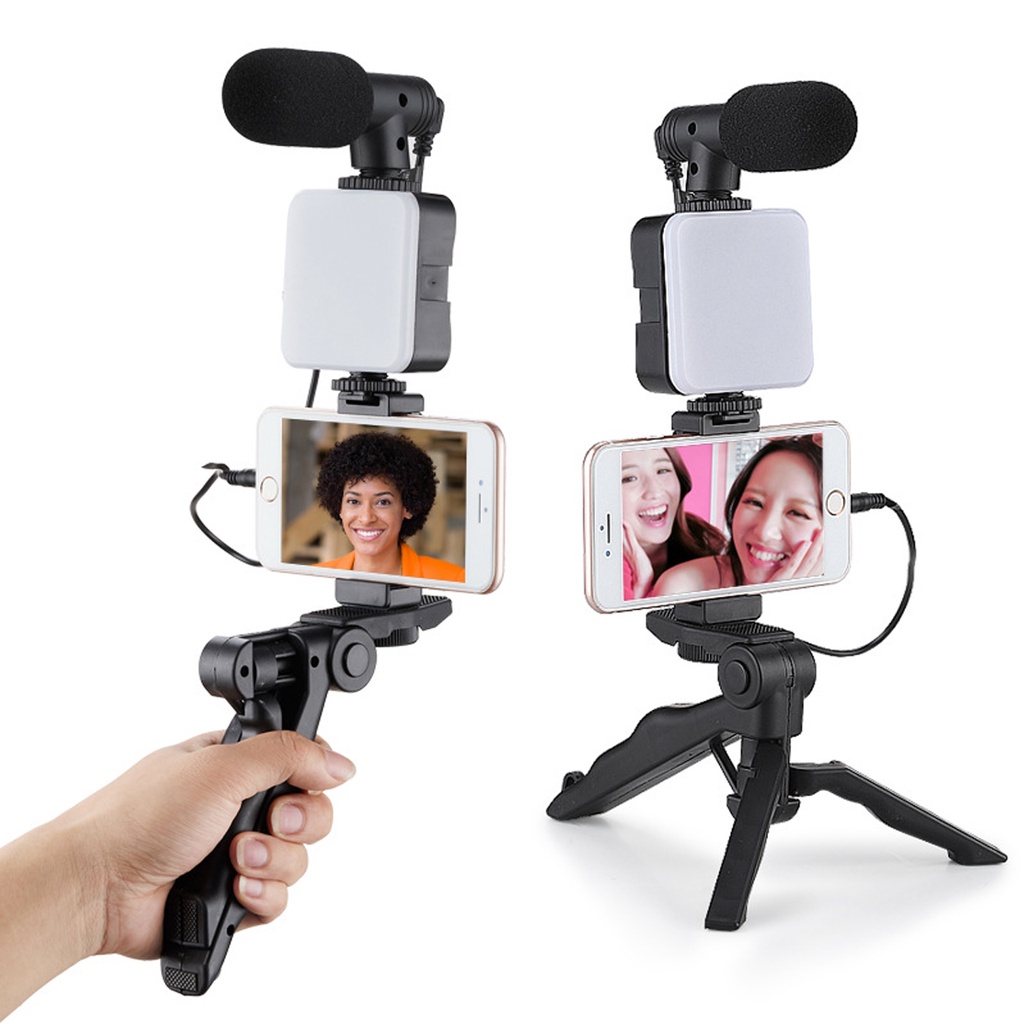 Vlogging Kit Paket Vlog 5 in 1 Led Video Light Phone Holder Tripod Microphone Remote Shutter AY-49