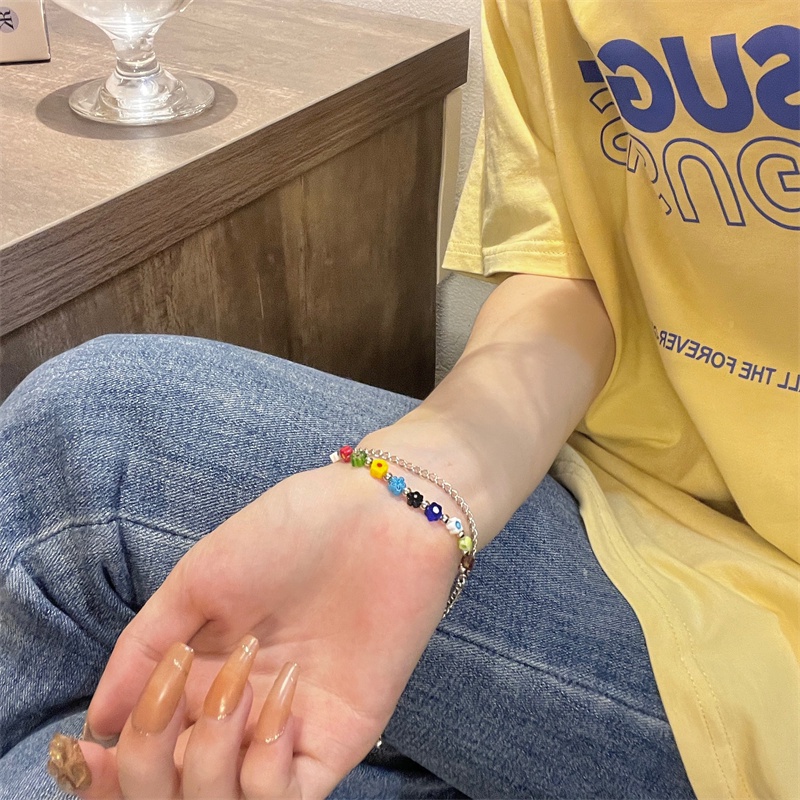 Roselife Gelang Tangan Rantai Silver Wanita Desain Bunga Resin Pelangi layer Ganda Gaya Korea