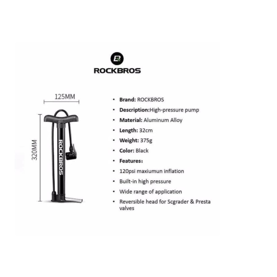 Pompa Sepeda Rockbros 120 PSI Alloy Pentil Schrader dan Prest