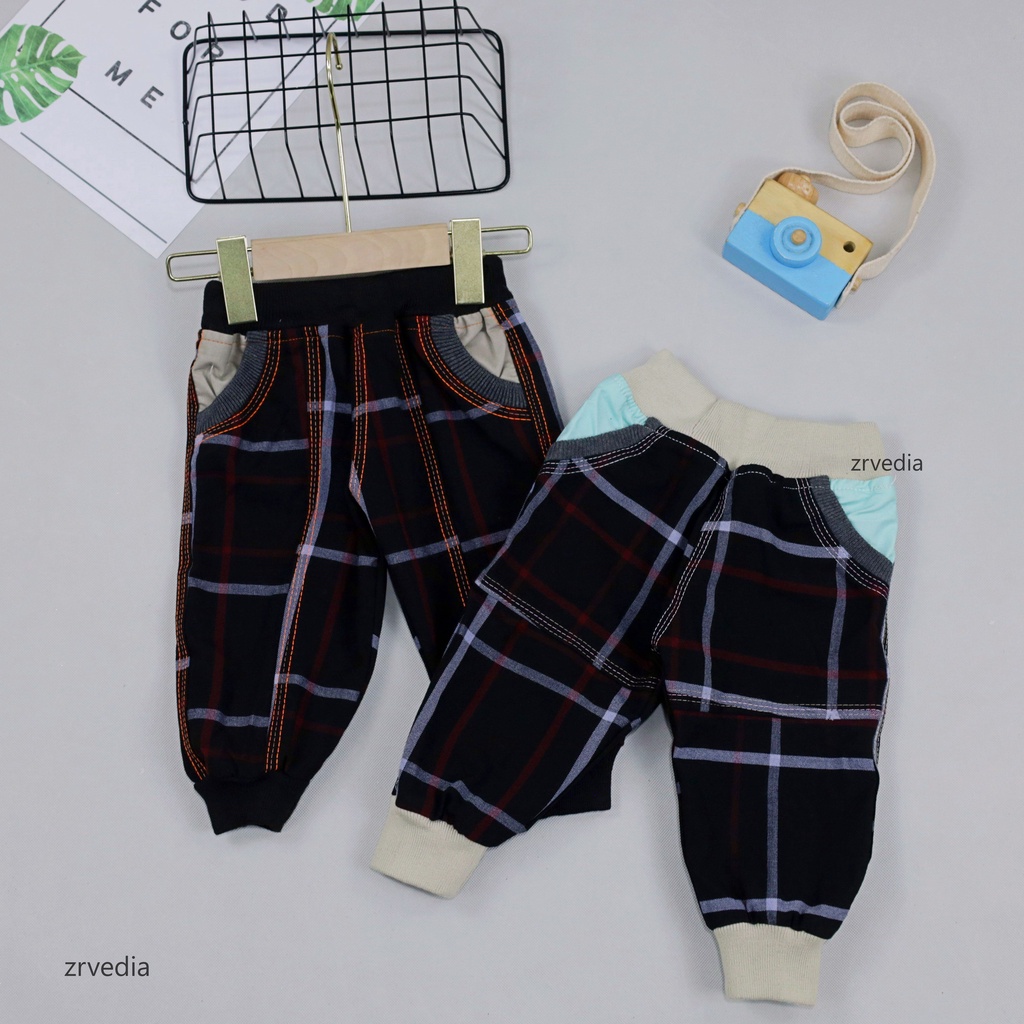 Jogger Bobo uk 1-2 Tahun / Anak Laki Perempuan Motif Kotak-Kotak Polos Kantong Outfit Joger Pants