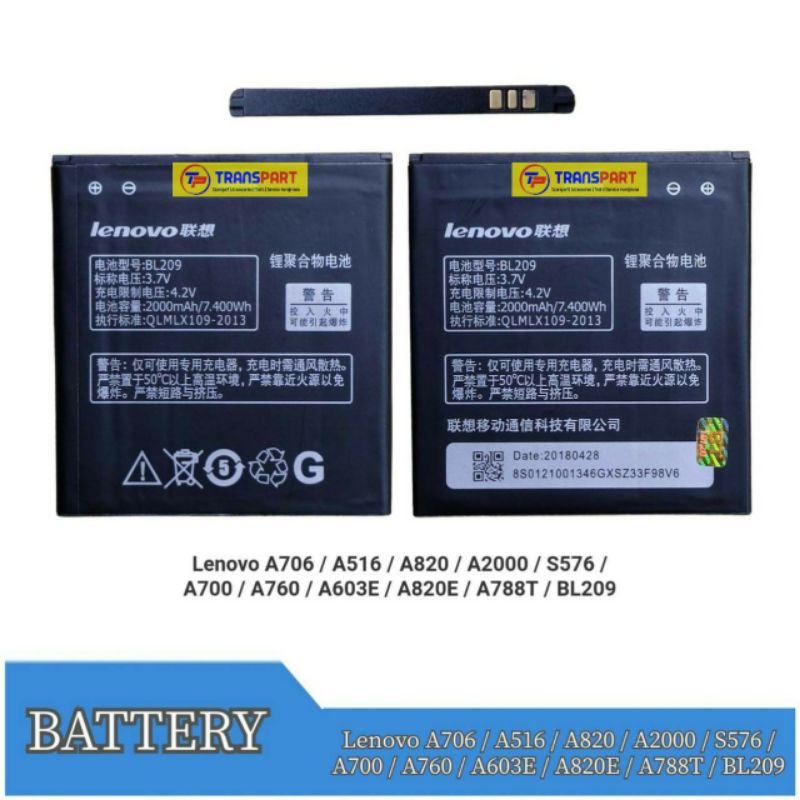 Baterai Battery Lenovo A706 / A516 / A820 / A2000 / S576 / A700 / A760 / A603E / A820E / A788T / BL209 Original