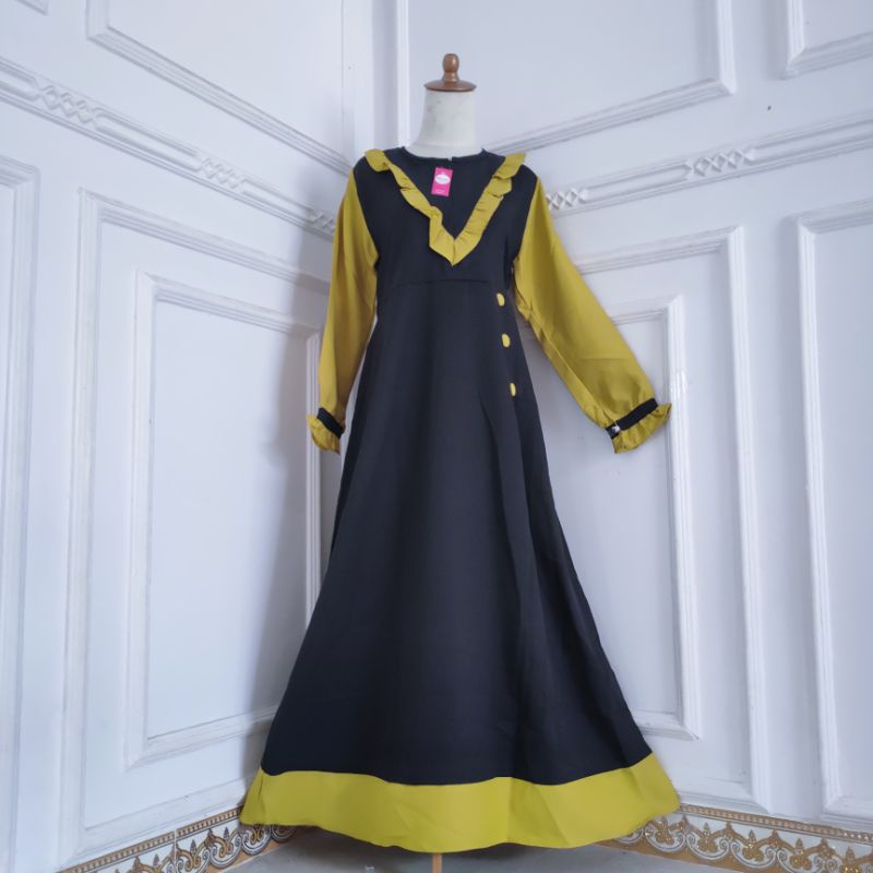 Gamis Wanita Kirana Rempel Baju Muslim perempuan outfit bahan moscrepe kunyit biru muda viral kekinian ( Gamis Kirana Rempel )