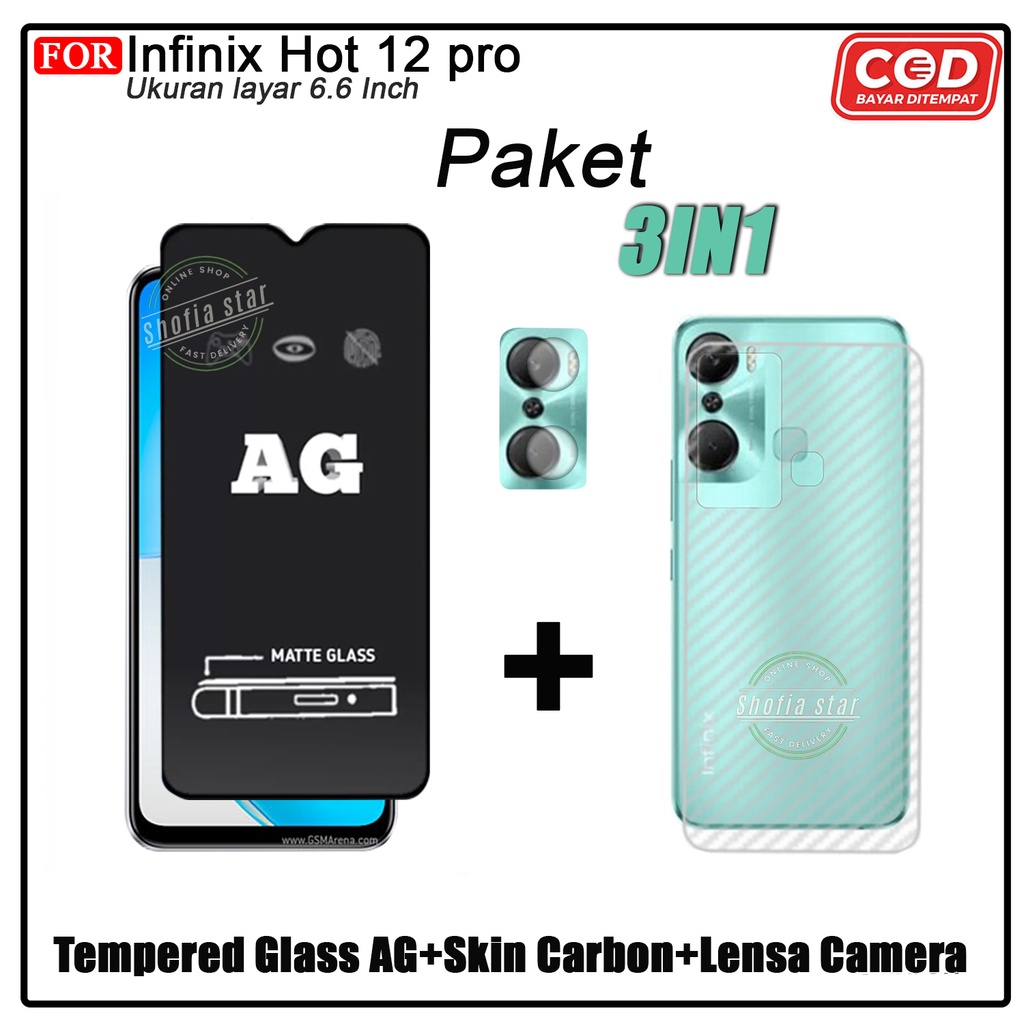 PAKET 3IN1 Tempered Glass Infinix Hot 12 Pro Anti Glare Full Layar Protect Camera