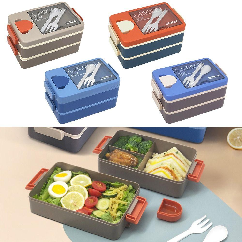 Top Lunch Box Microwavable Rectangle Grid Dengan Sendok Wadah Makanan