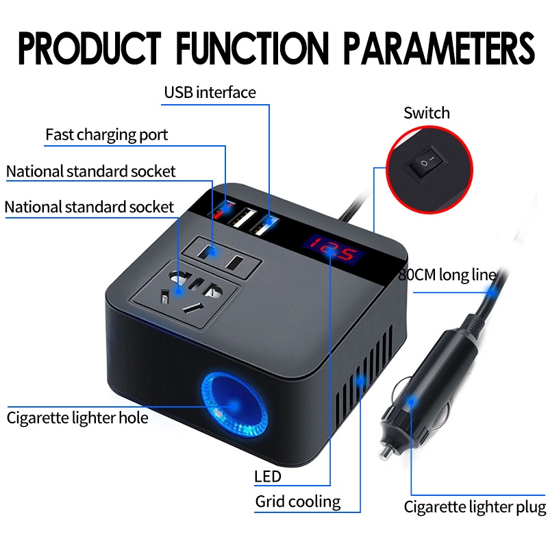 Car Power Inverter charger mobil 150W 3 USB DC 12V/24V to DC 110V/220V