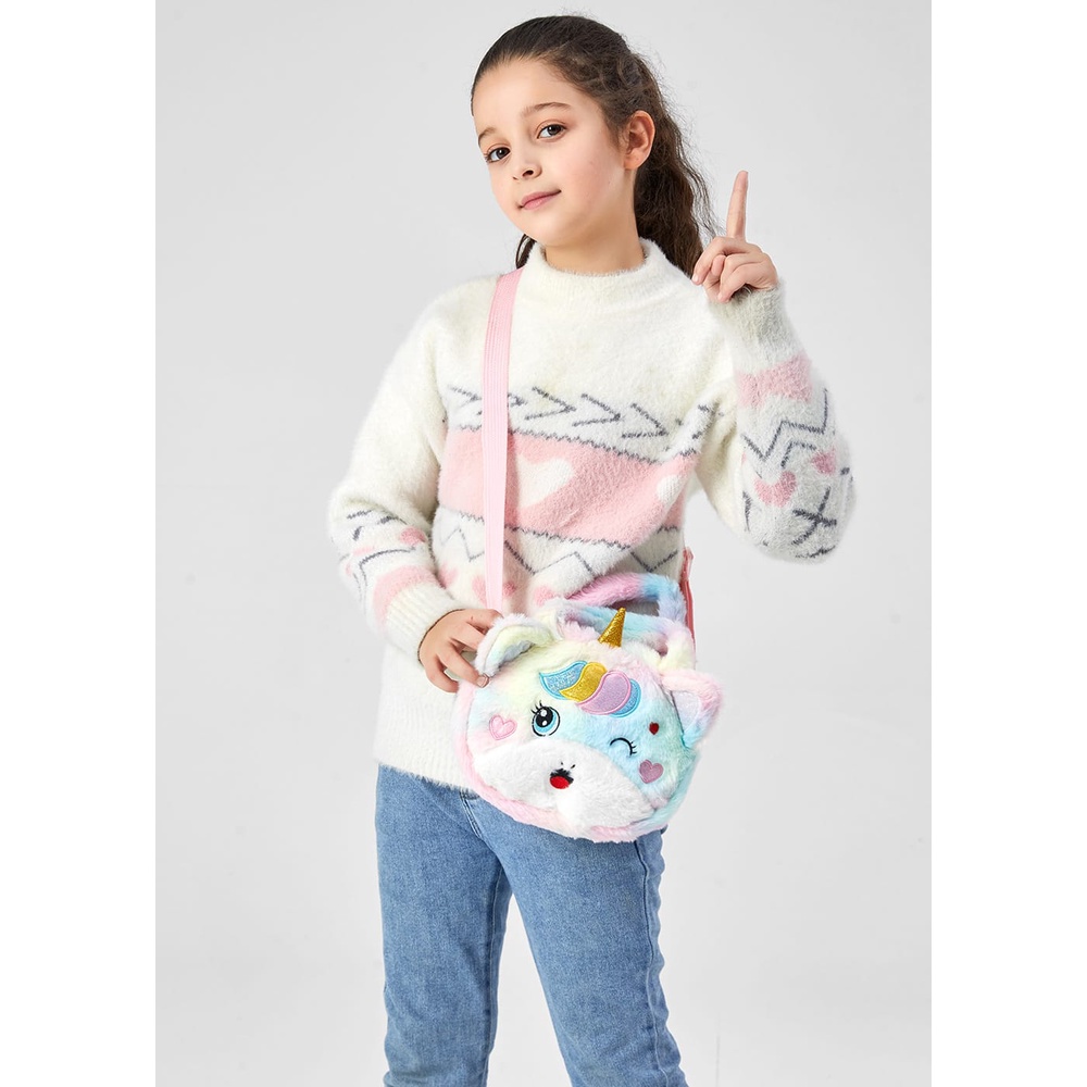 Sling Bag Tas Jalan Anak Perempuan Motif Bulu Unicorn Mata Kedip Tas Selempang Bulu Unicorn Tas Fashion Unicorn Anak Perempuan Kado Anak Tas Bahu Import Berkualitas
