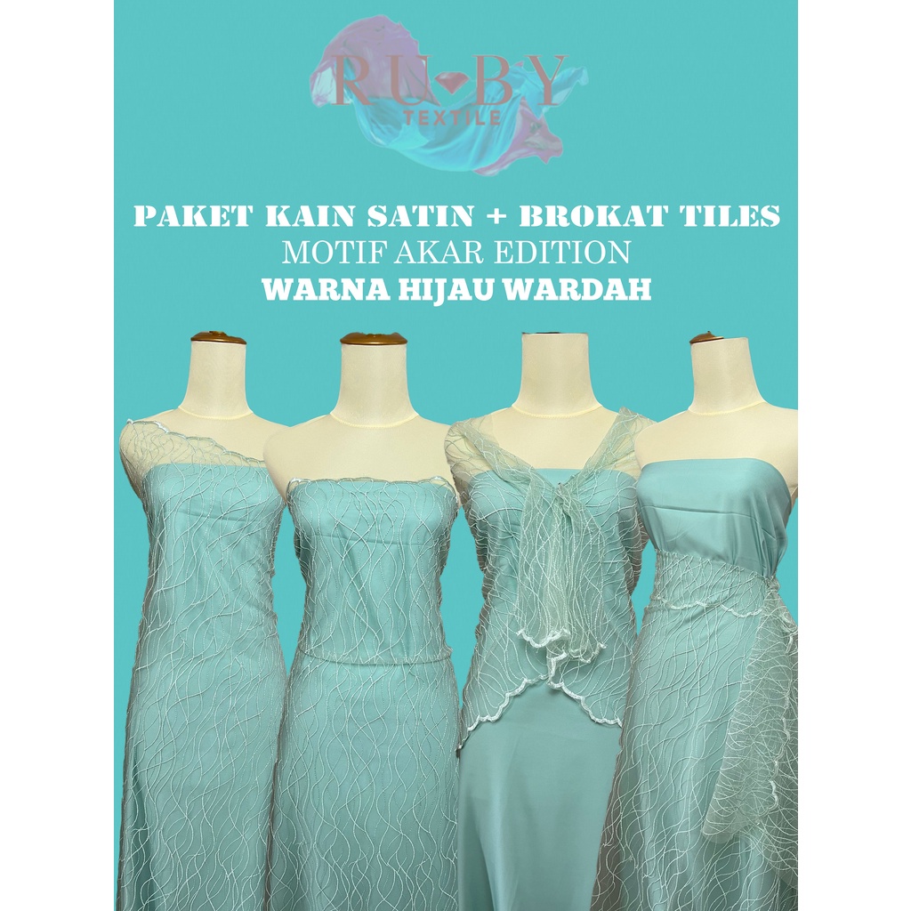 Jual Paket Meter Kain Satin Hijau Wardah Brokat Motif Akar All In One Untuk Acara Bridesmaid